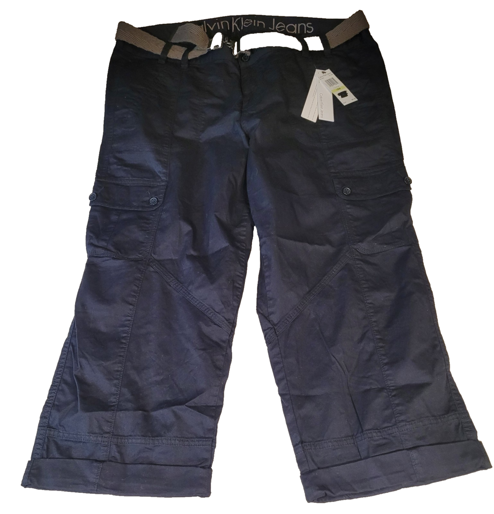 Calvin Klein Jeans Capri Cargo Pants Womens 18W Black Belted Stretch Pockets NWT